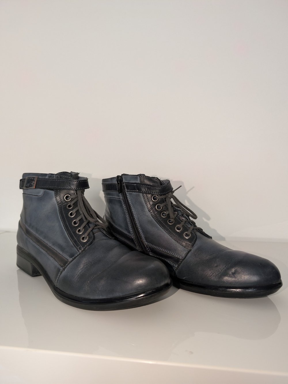 Naot Blue Black Leather Lace Up Moto Boots EU 39 US 8